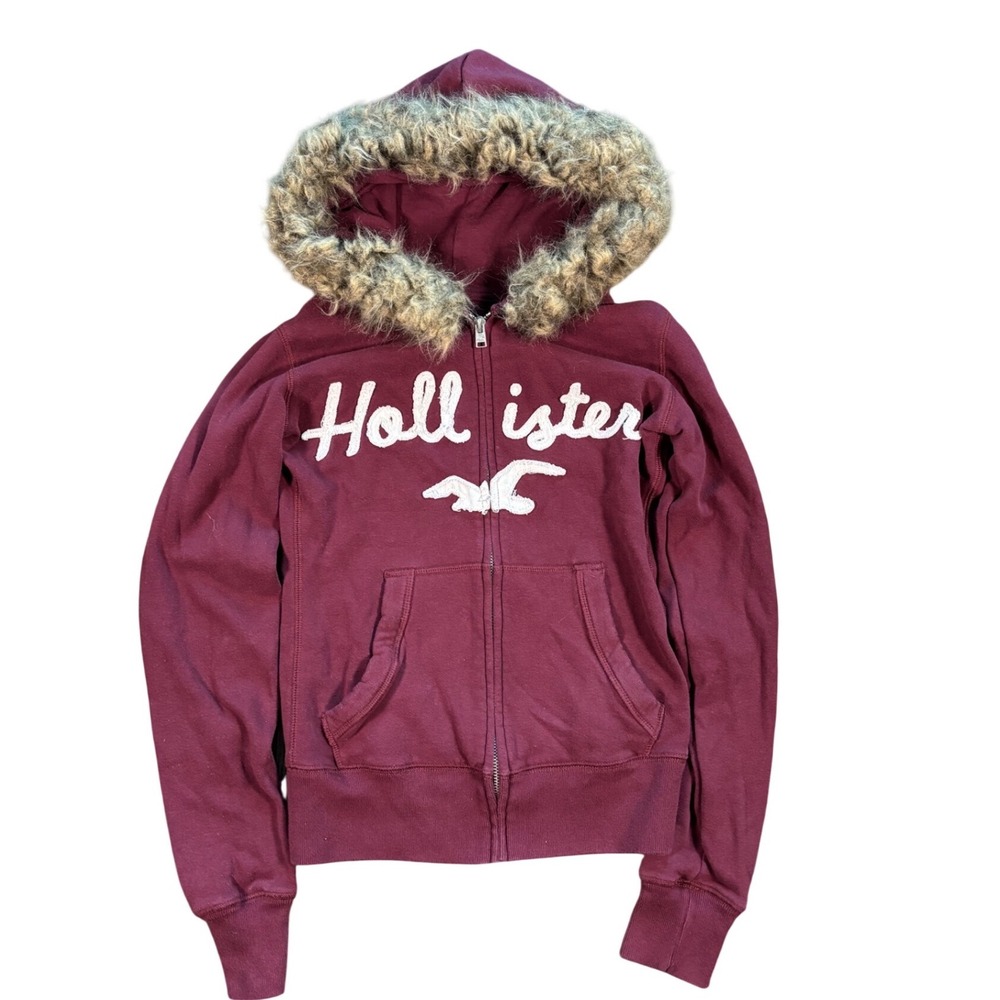 Y2K Hollister Faux Fur Hood Maroon Full Zip Hoodie Size M